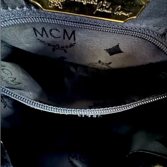 MCM Gold Studded Logo Black Pebbled Leather Backpack Tasseled Drawstring - Picture 15 of 15